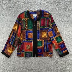 VTG Lady Carol Petites Top Womens 14 Black Jewel Tone Geo Print Full Zip Jacket